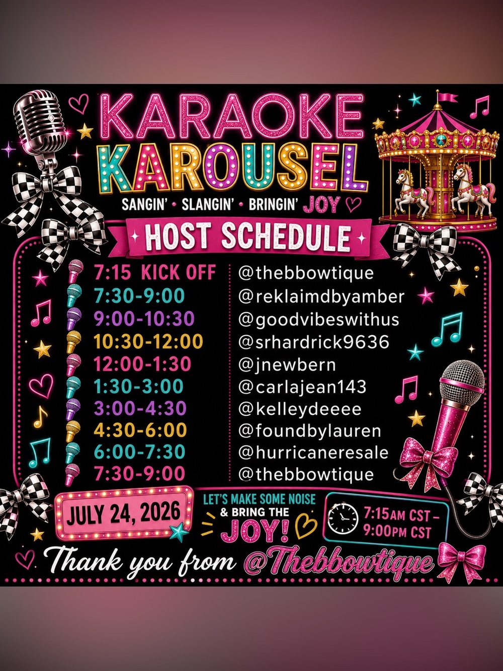 7/24/26 - KARAOKE KAROUSEL
🎙️🎠🎙️🎠🎙️🎠
Message me to join in September 🎀